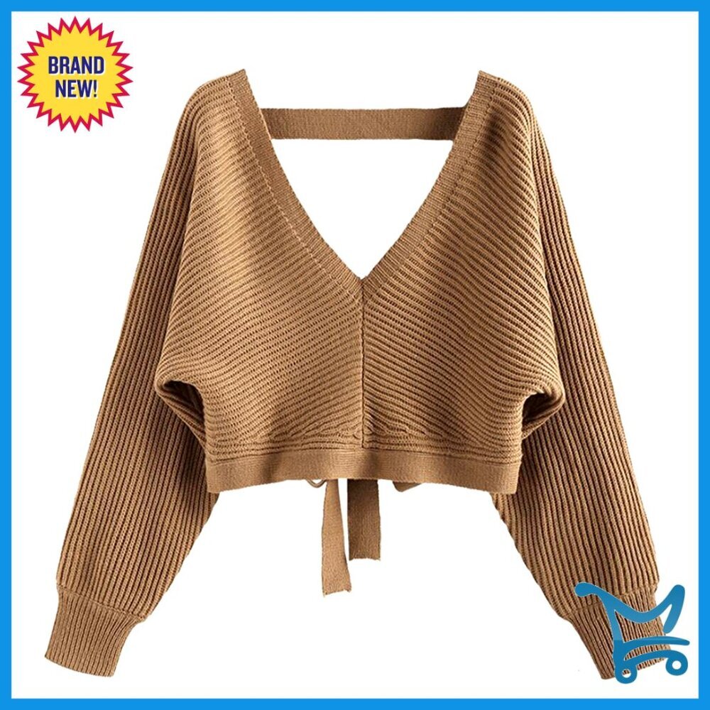 Cropped Ribbed V Neck Sweater Sexy Backless Tie Knot Drop Shoulder Chic Y2K